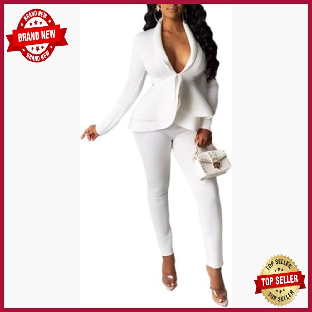 Women's 2-Piece Blazer Set, V-Neck Ruffled Hem, Business Casual